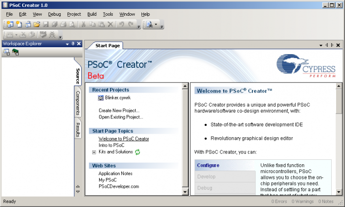 Obrázek 2: Úvodní obrazovka PSoC Creator